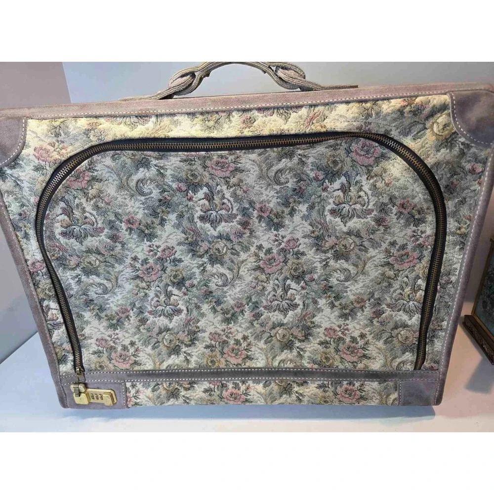Vintage Suitcase French Luggage Co Gray Floral Rose Tapestry & Suede Leather 23